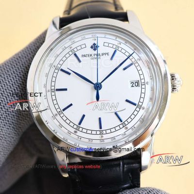 Perfect replica of Patek Philippe white dial Swiss 9015 movement leather strap watch 